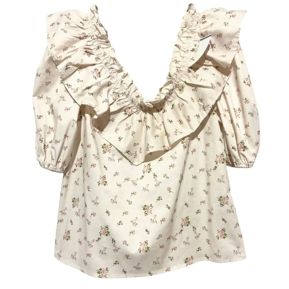 NWT Hyacinth House Romantic Ruffle Blouse Small Puff Sleeve Floral Cottagecore